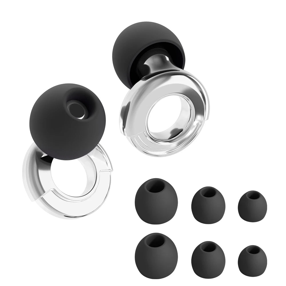 Set of black earbud tips and clear earbud casings on a white background