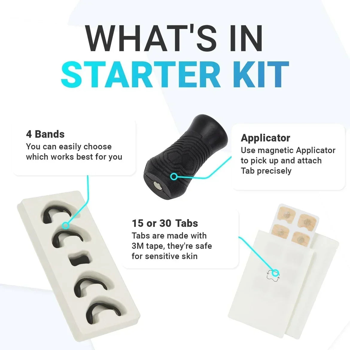 Starter kit components including bands, an applicator, and tabs on a white background.