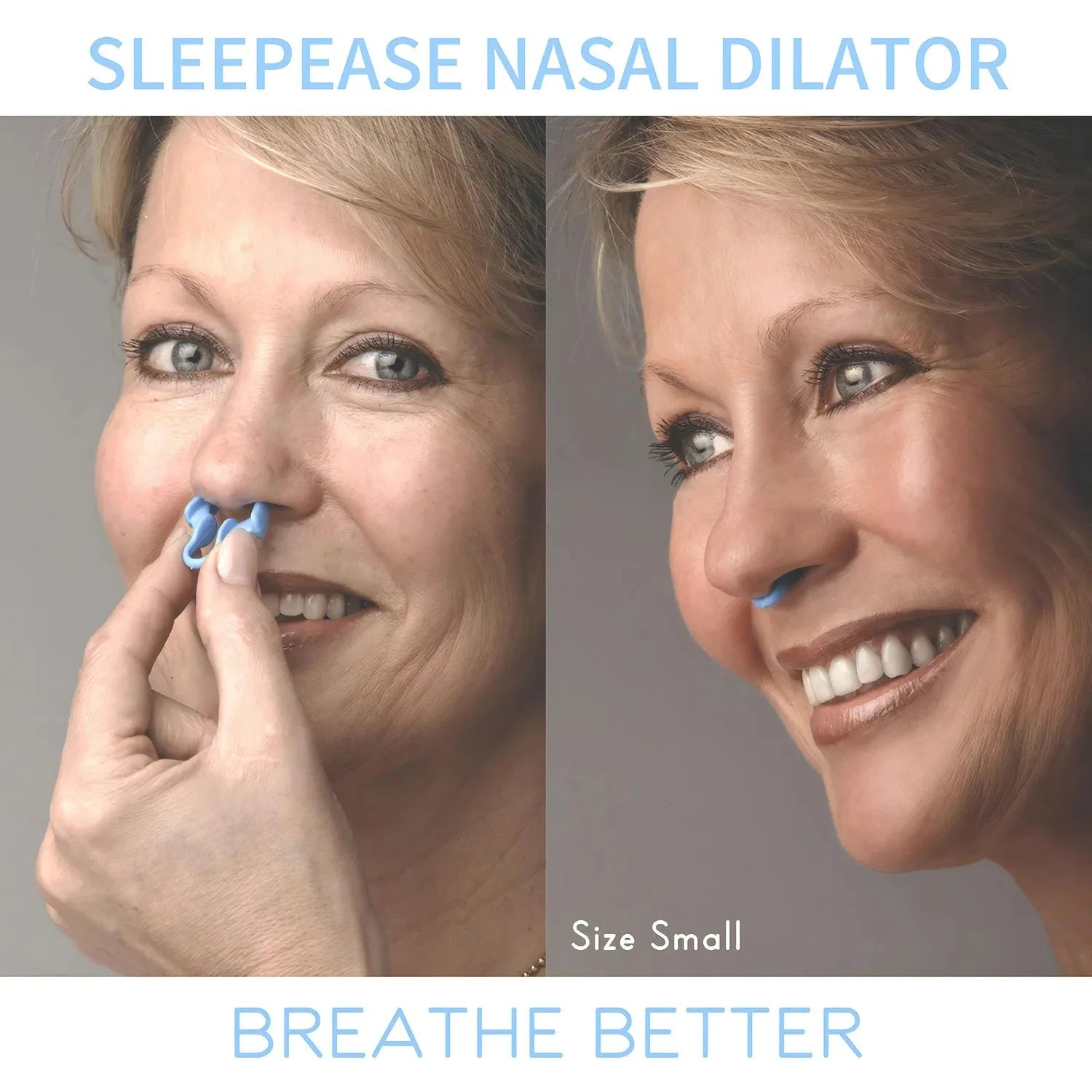 Advertisement for SleepEase Nasal Dilator showing a woman using it and smiling.