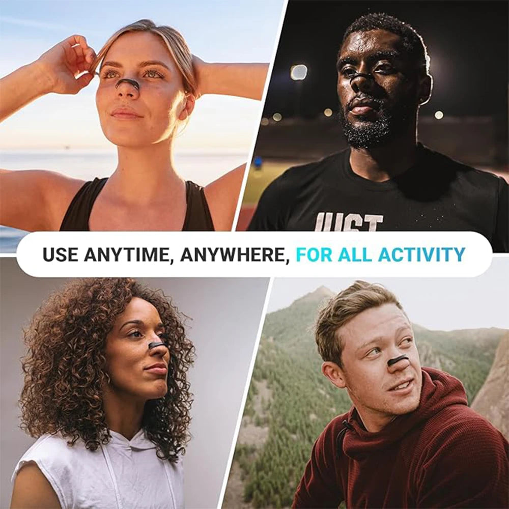 Four people with a product on their noses, with text 'USE ANYTIME, ANYWHERE, FOR ALL ACTIVITY'.