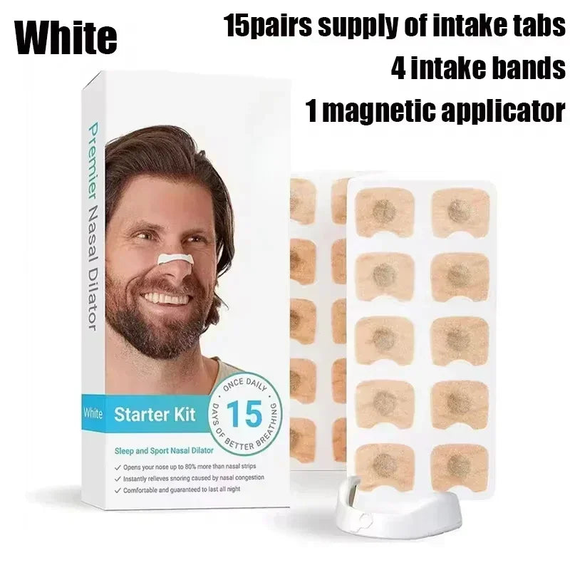White nasal dilator starter kit with packaging and components on a white background