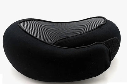 Black neck pillow with a carrying pouch on a white background