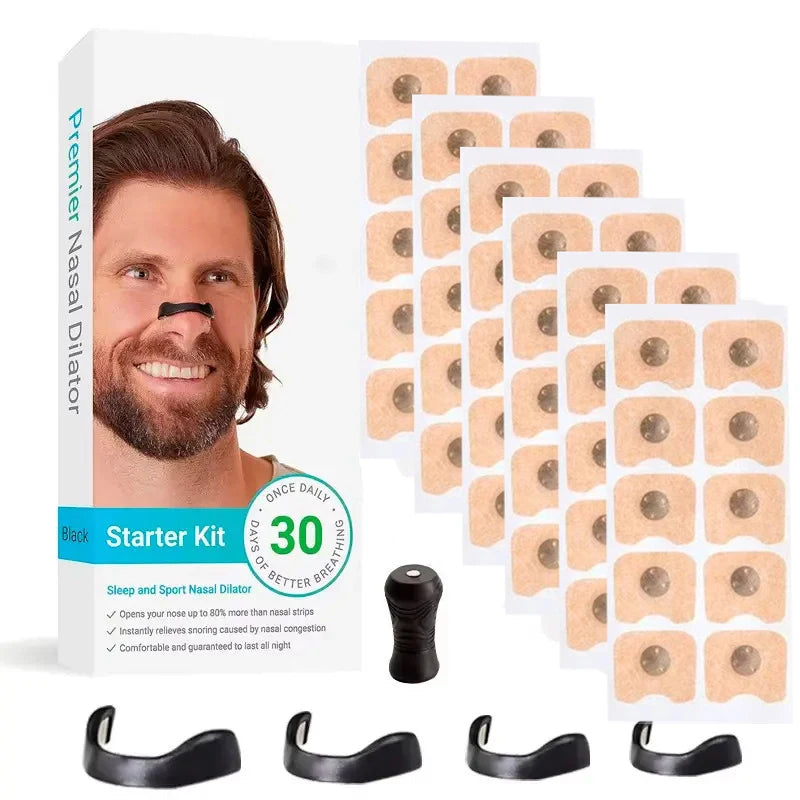 Nasal dilator starter kit with packaging, strips, and tools on a white background