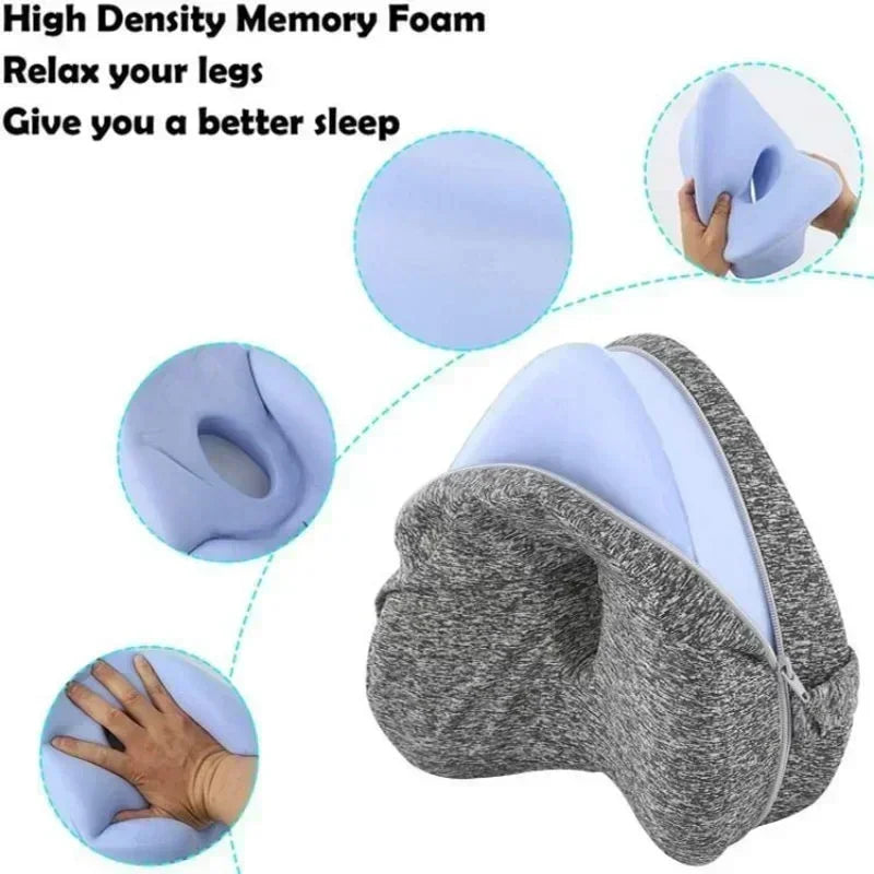 Gray memory foam pillow with text highlighting its benefits on a white background