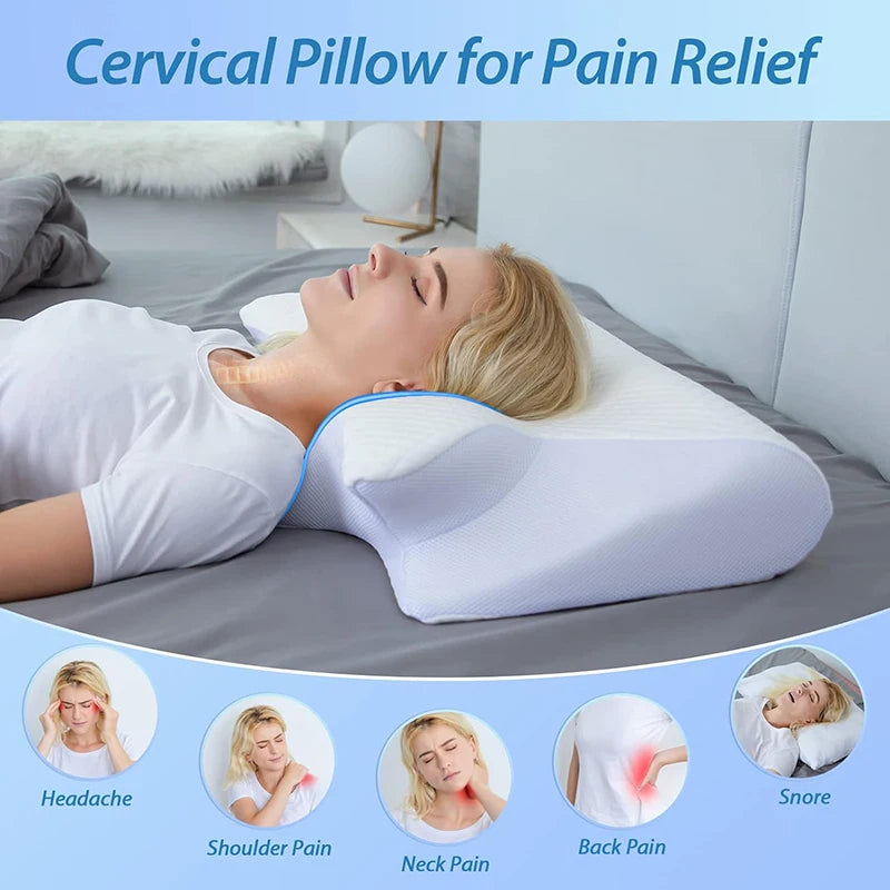 Cervical pillow for pain relief being used by a person in a bedroom setting.