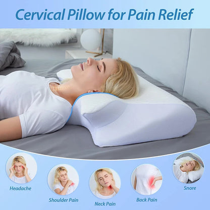 Cervical pillow for pain relief being used by a person in a bedroom setting.
