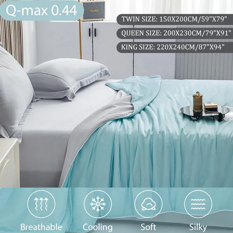 Light blue satin quilt on a bed with size specifications and product features displayed.