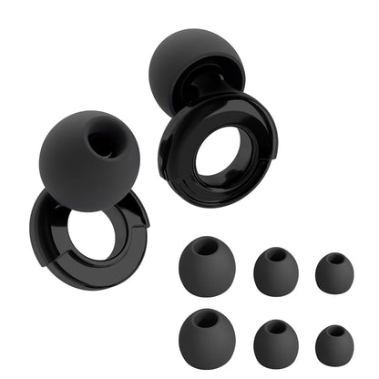Black earbud parts including a large earbud, small earbud, and multiple silicone tips on a white background.
