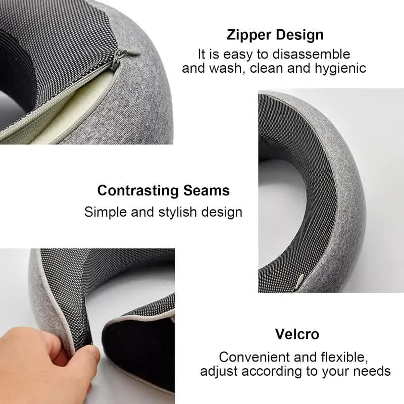 Neck pillow with zipper design, contrasting seams, and Velcro feature on a white background.